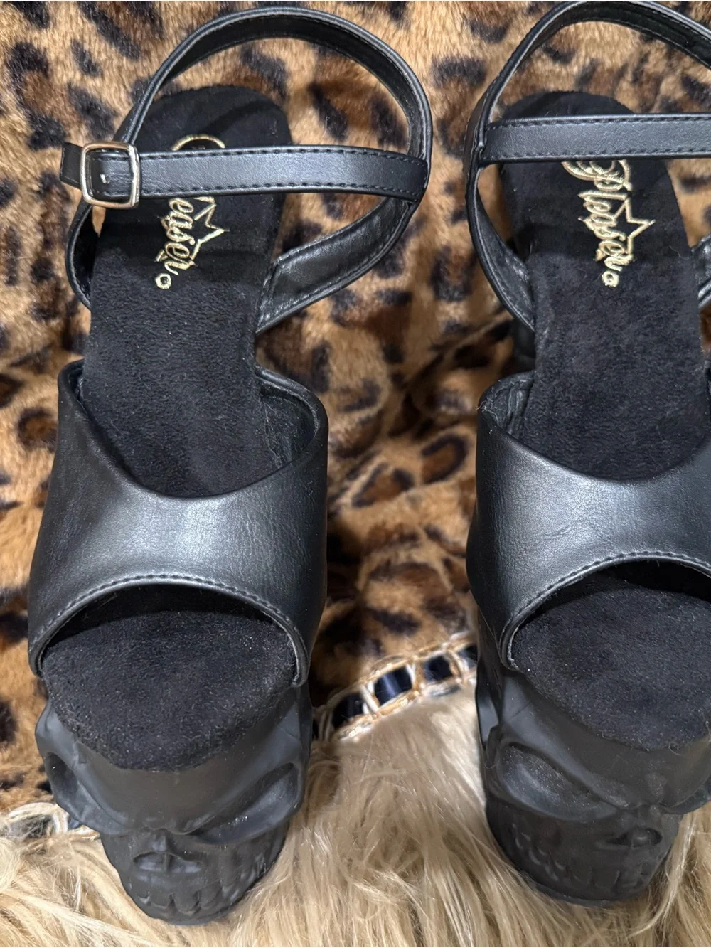 Pleaser Black Platform Peep-Toe Ankle Strap Heels with Sculpted Skull